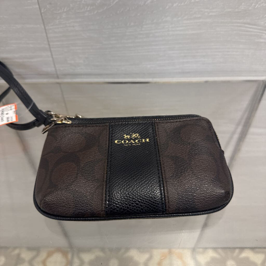 Coach Brown Leather Signature Double Zip Wristlet Wallet