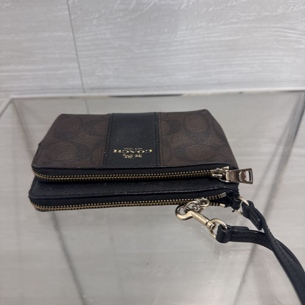Coach Brown Leather Signature Double Zip Wristlet Wallet
