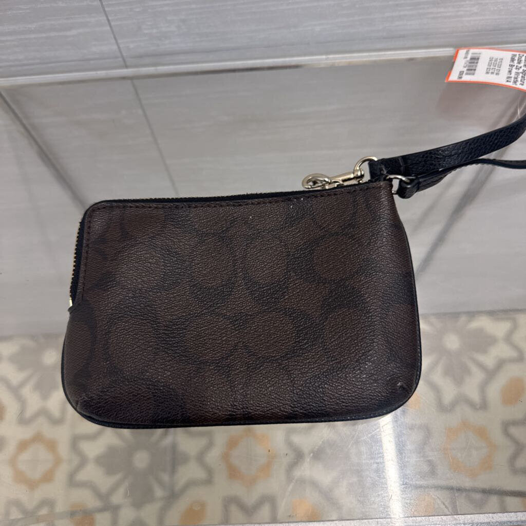 Coach Brown Leather Signature Double Zip Wristlet Wallet