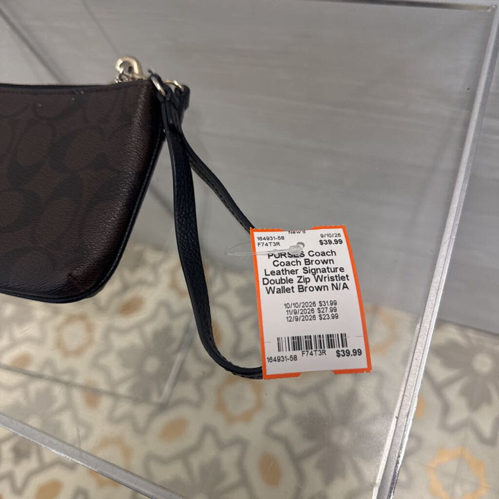 Coach Brown Leather Signature Double Zip Wristlet Wallet