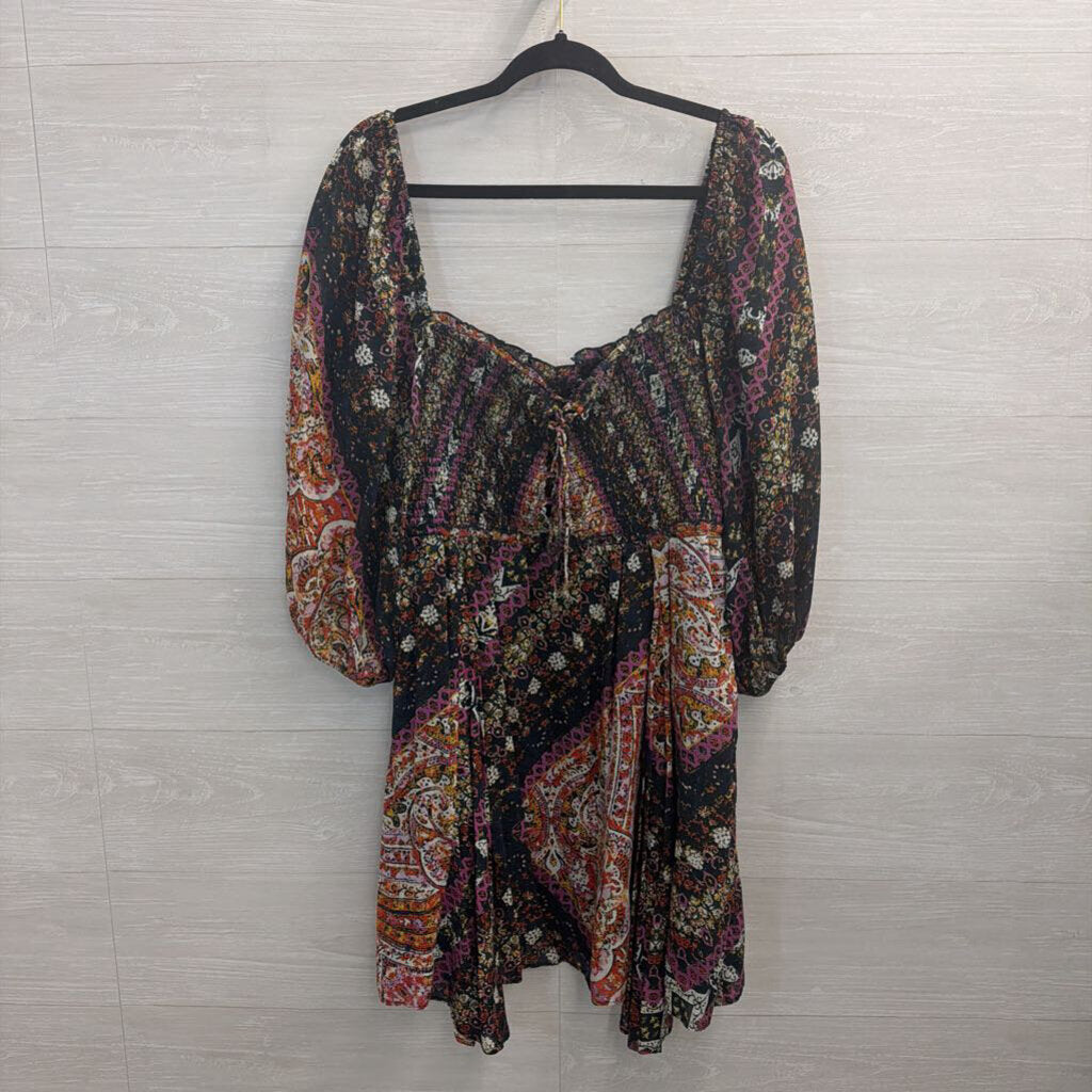 Free People Black/ /Multi Print Love Sick Long Sleeve Dress Large