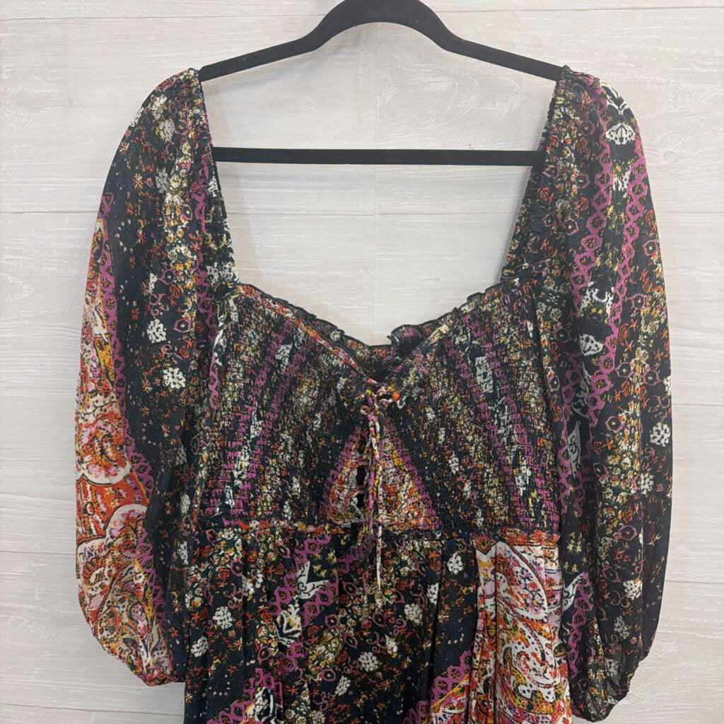 Free People Black/ /Multi Print Love Sick Long Sleeve Dress Large