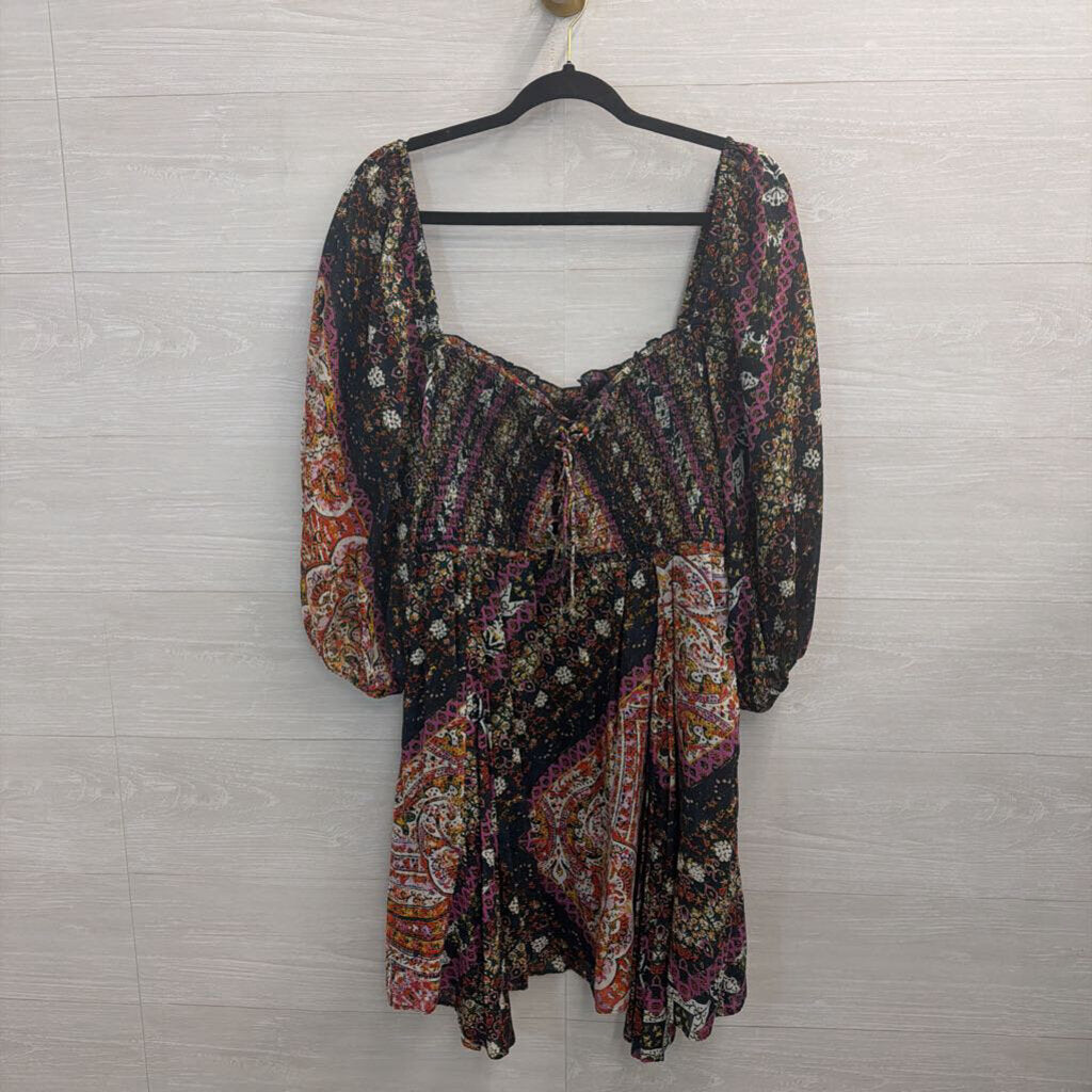 Free People Black/ /Multi Print Love Sick Long Sleeve Dress Large