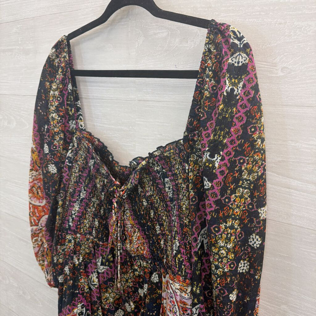 Free People Black/ /Multi Print Love Sick Long Sleeve Dress Large