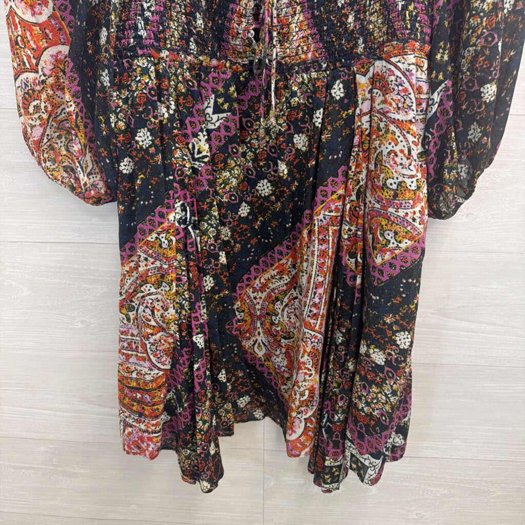 Free People Black/ /Multi Print Love Sick Long Sleeve Dress Large