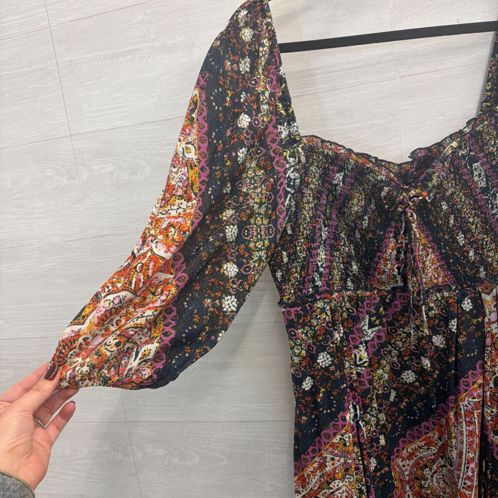 Free People Black/ /Multi Print Love Sick Long Sleeve Dress Large