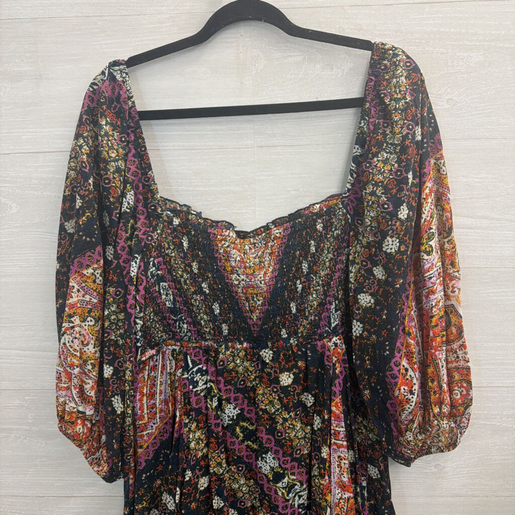 Free People Black/ /Multi Print Love Sick Long Sleeve Dress Large