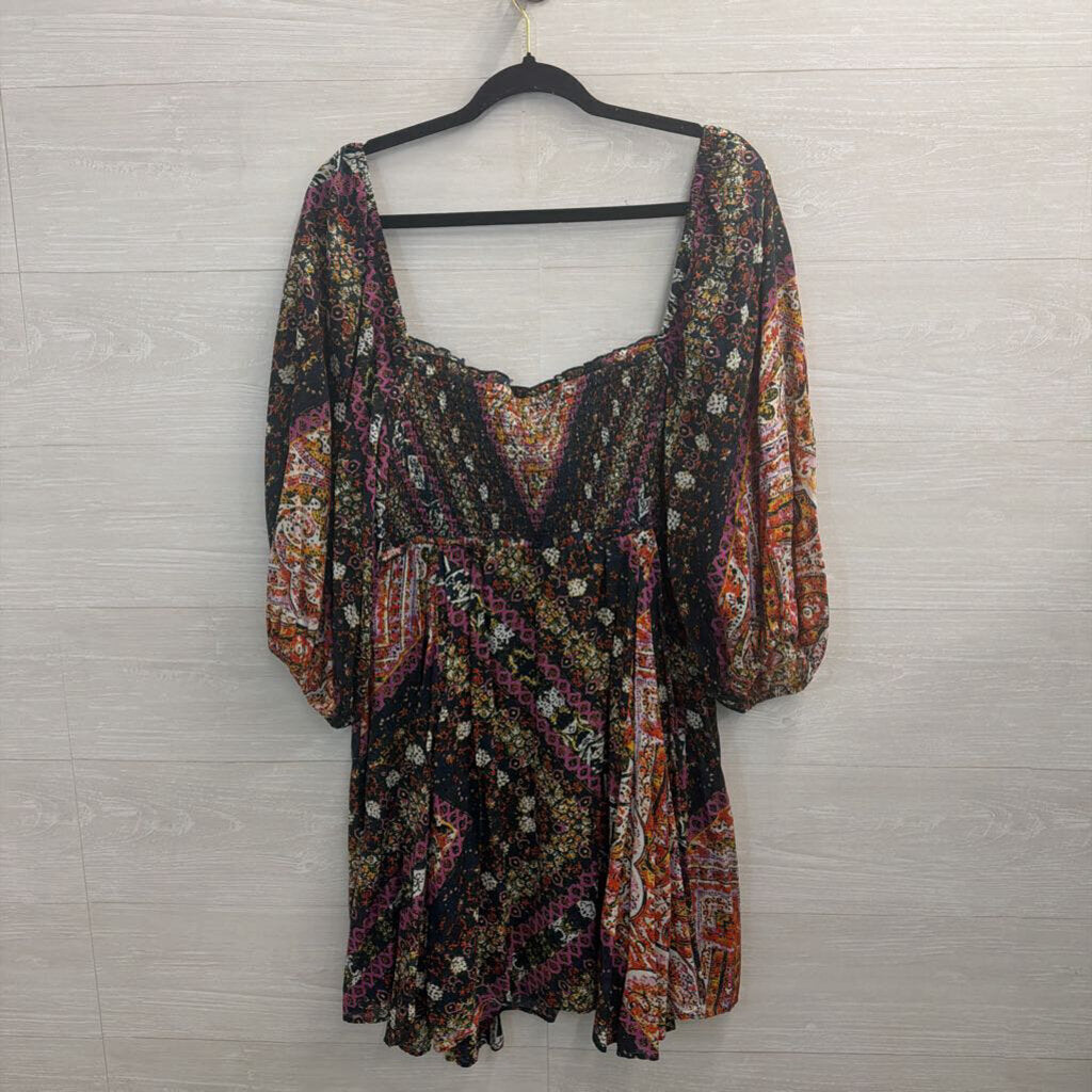 Free People Black/ /Multi Print Love Sick Long Sleeve Dress Large