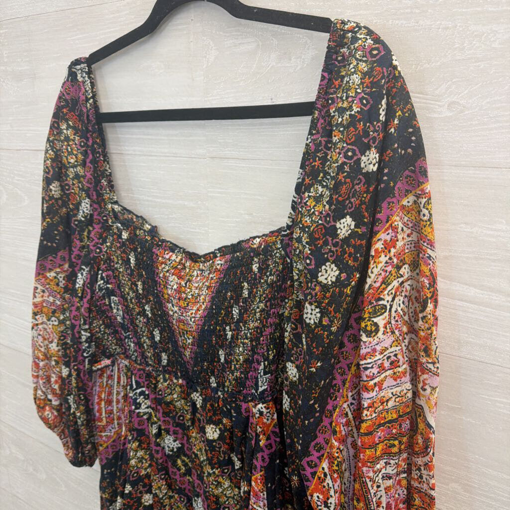 Free People Black/ /Multi Print Love Sick Long Sleeve Dress Large