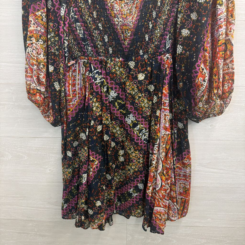 Free People Black/ /Multi Print Love Sick Long Sleeve Dress Large