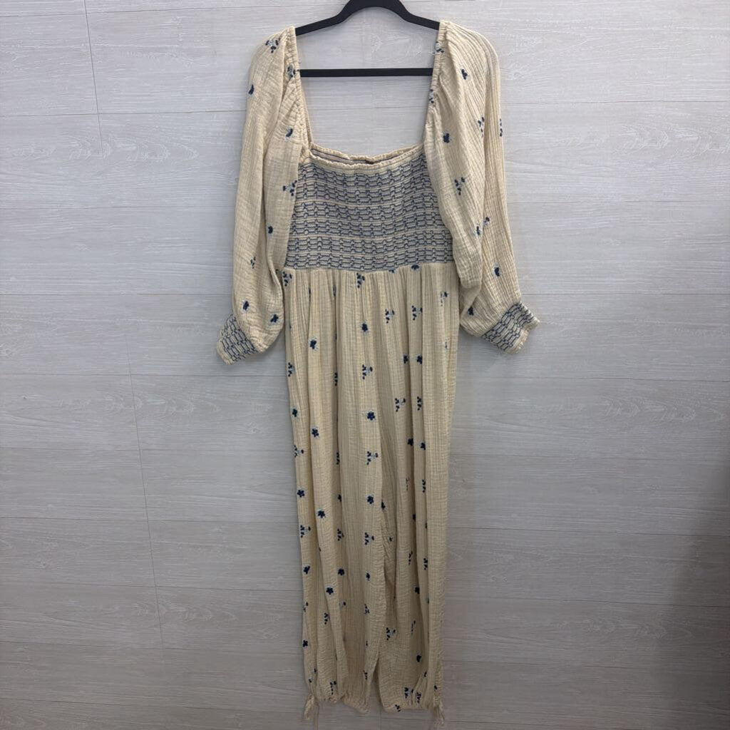 Free People Cream/ Navy Embroidered Dahlia Jumpsuit Large