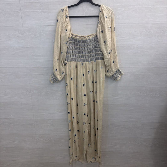 Free People Cream/ Navy Embroidered Dahlia Jumpsuit Large