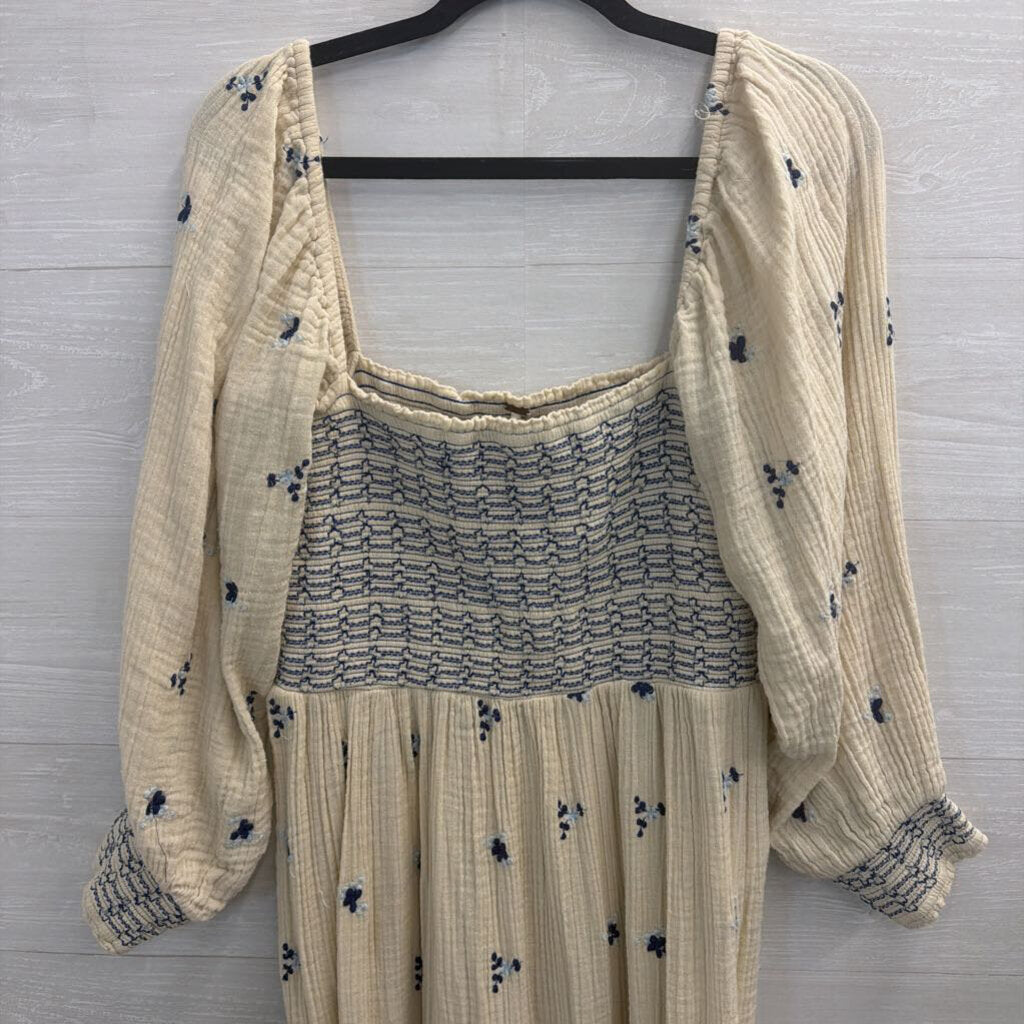 Free People Cream/ Navy Embroidered Dahlia Jumpsuit Large