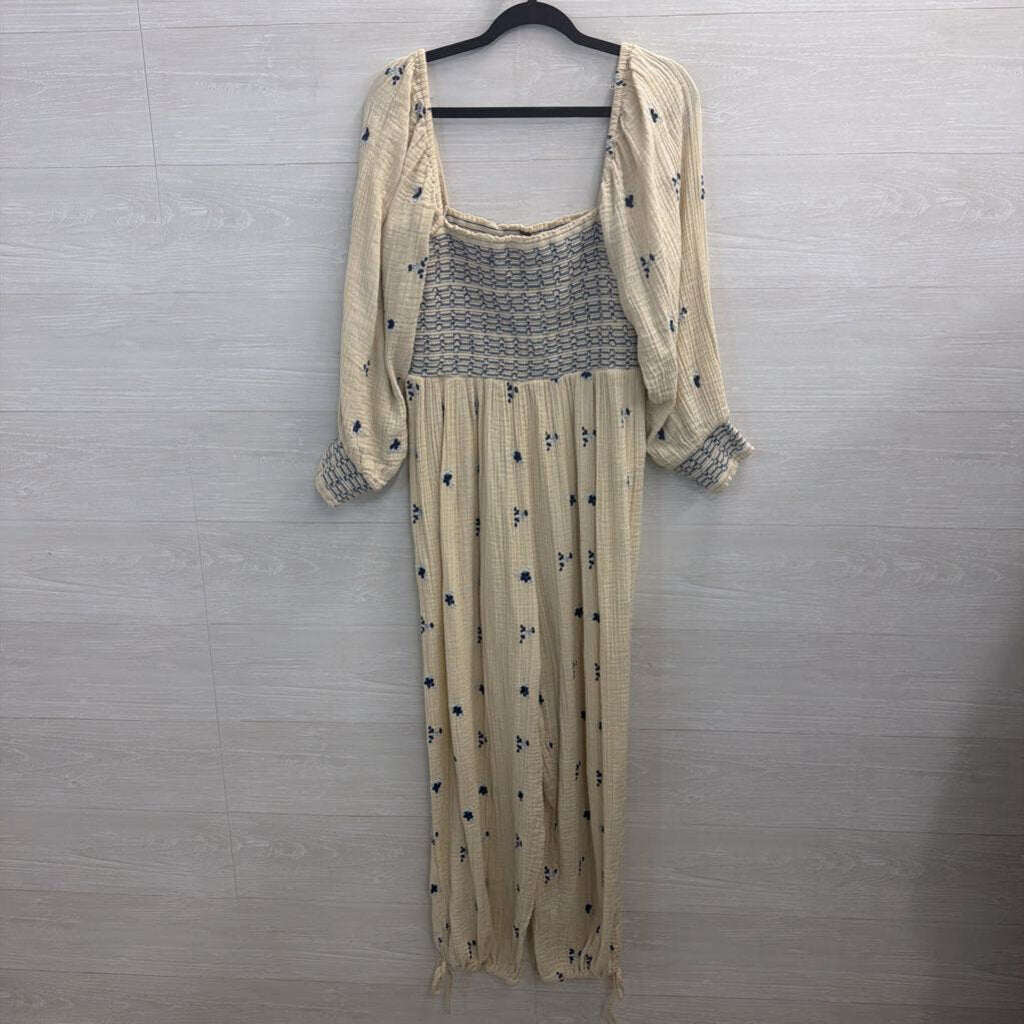 Free People Cream/ Navy Embroidered Dahlia Jumpsuit Large