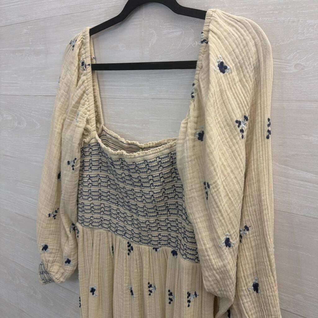 Free People Cream/ Navy Embroidered Dahlia Jumpsuit Large