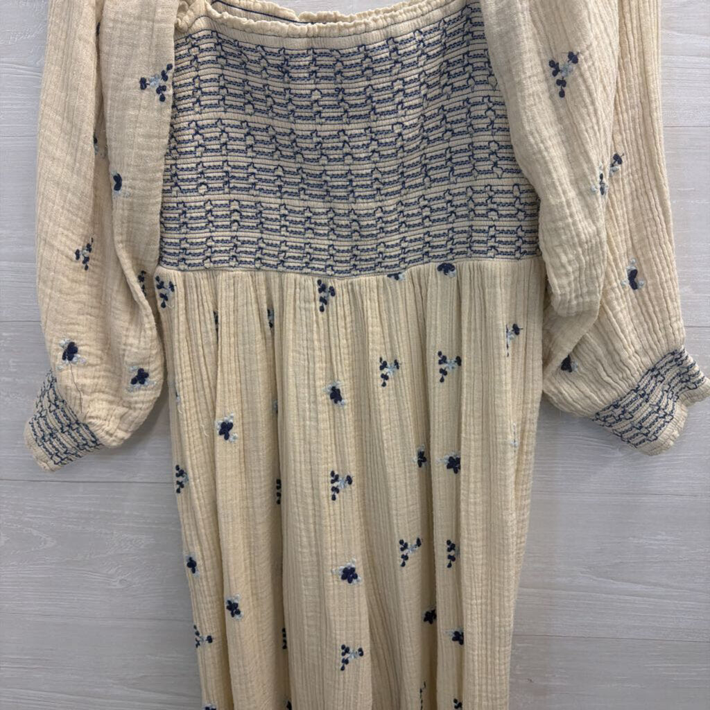 Free People Cream/ Navy Embroidered Dahlia Jumpsuit Large