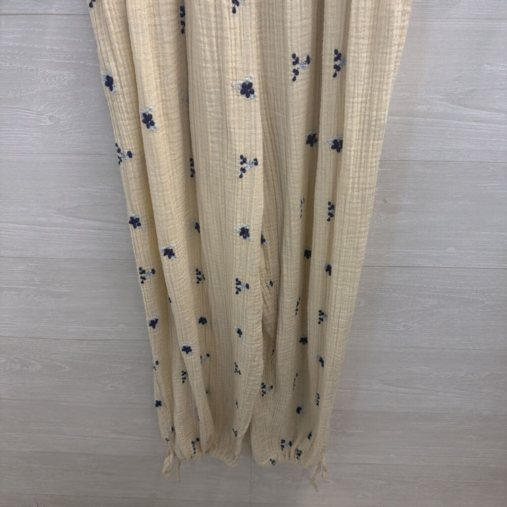 Free People Cream/ Navy Embroidered Dahlia Jumpsuit Large