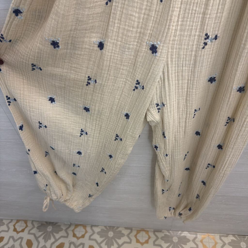 Free People Cream/ Navy Embroidered Dahlia Jumpsuit Large