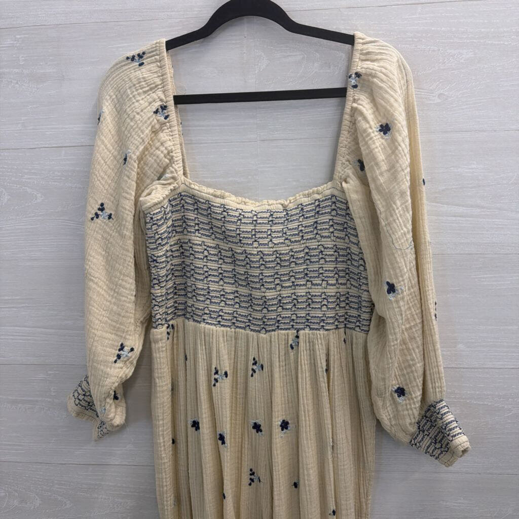 Free People Cream/ Navy Embroidered Dahlia Jumpsuit Large