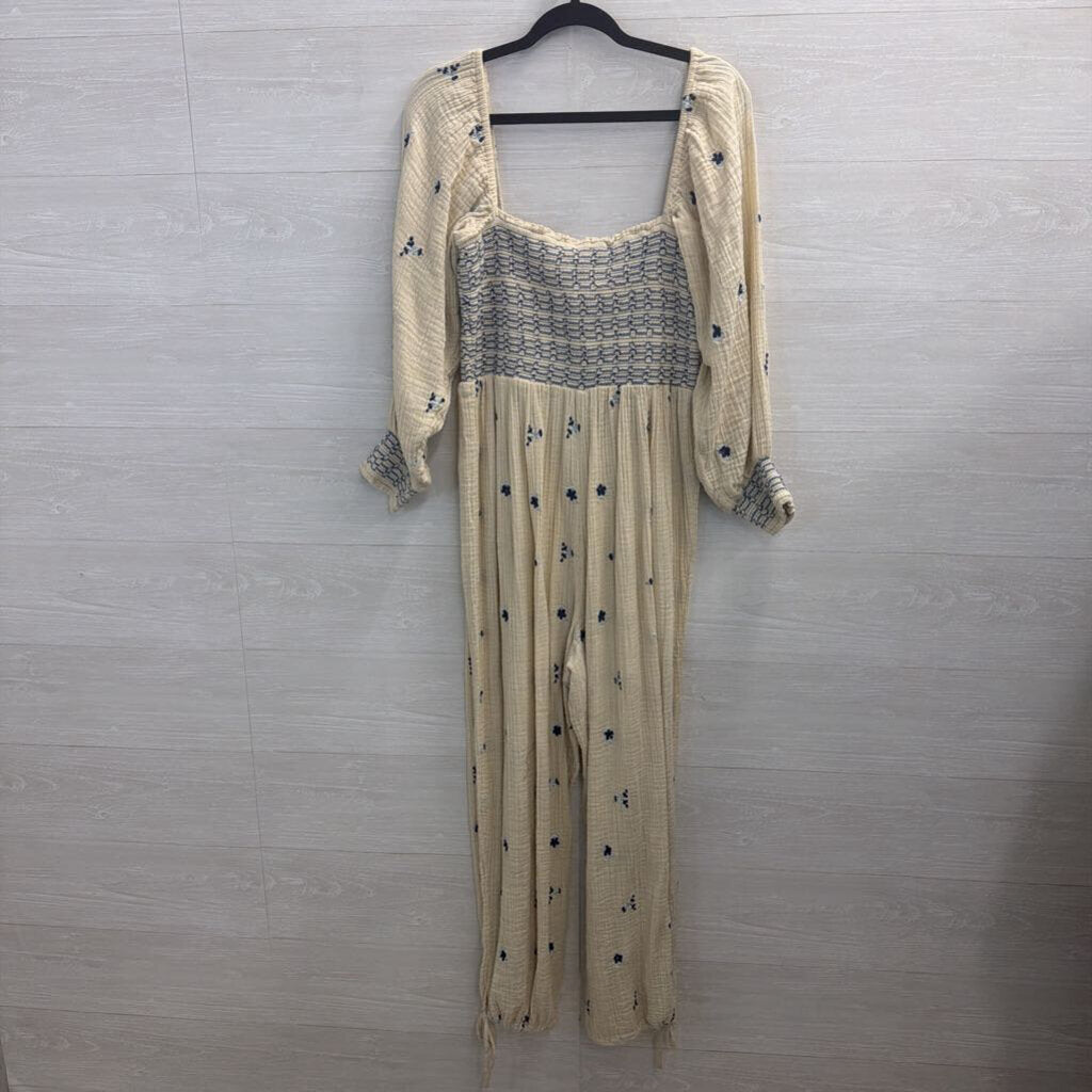 Free People Cream/ Navy Embroidered Dahlia Jumpsuit Large