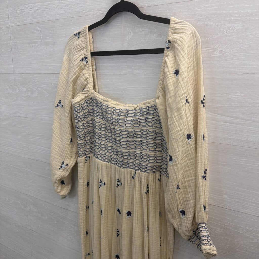 Free People Cream/ Navy Embroidered Dahlia Jumpsuit Large