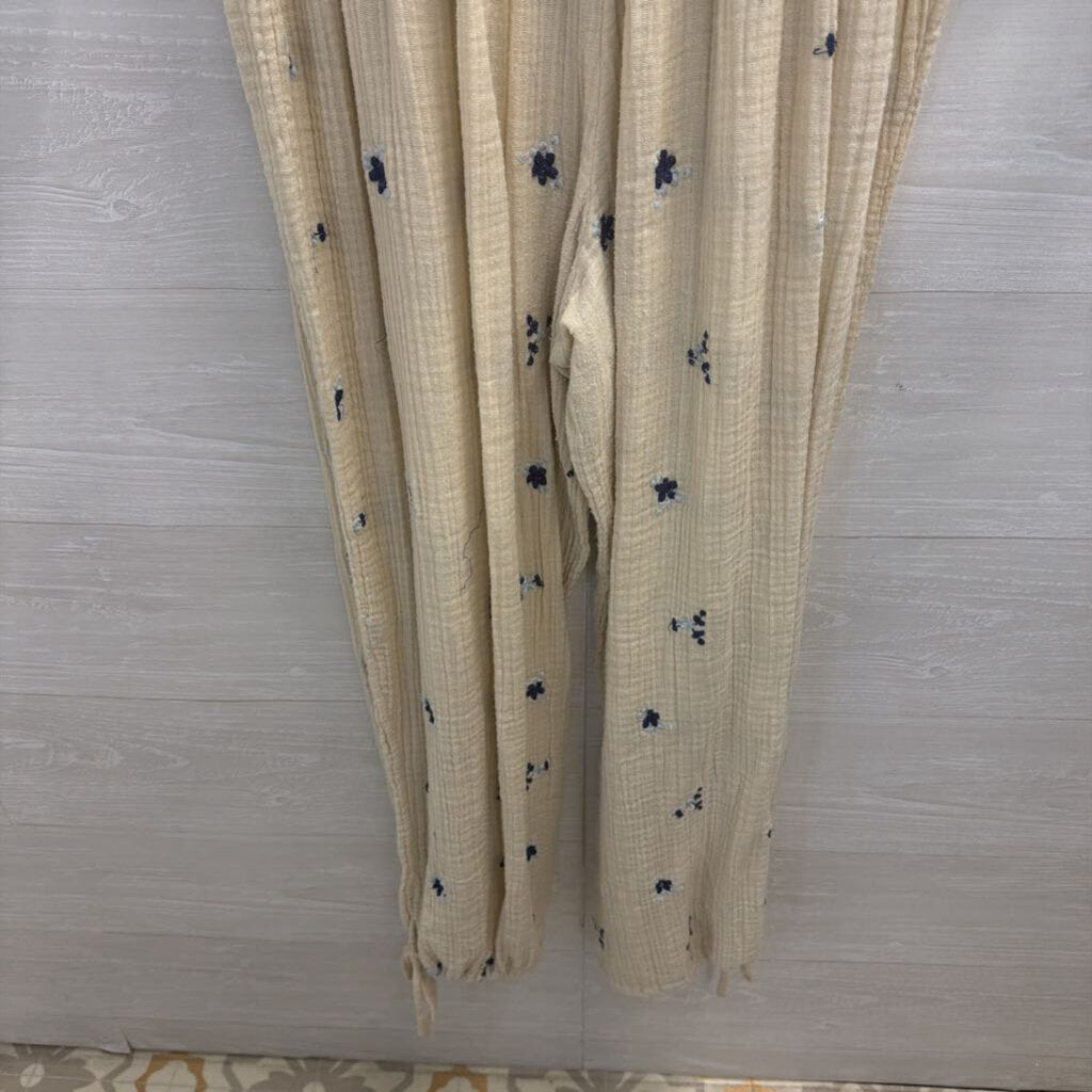 Free People Cream/ Navy Embroidered Dahlia Jumpsuit Large