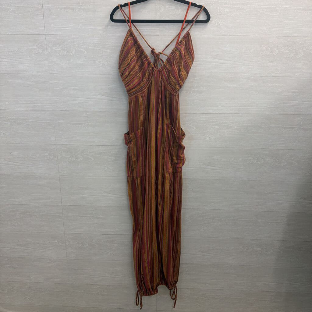 Free People Orange/ Multi Striped Sundaze For Surfin Jumpsuit Large