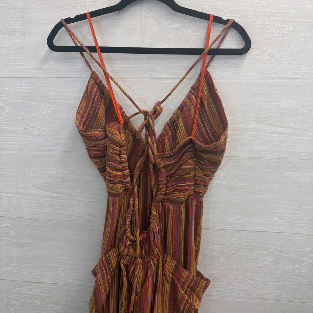Free People Orange/ Multi Striped Sundaze For Surfin Jumpsuit Large