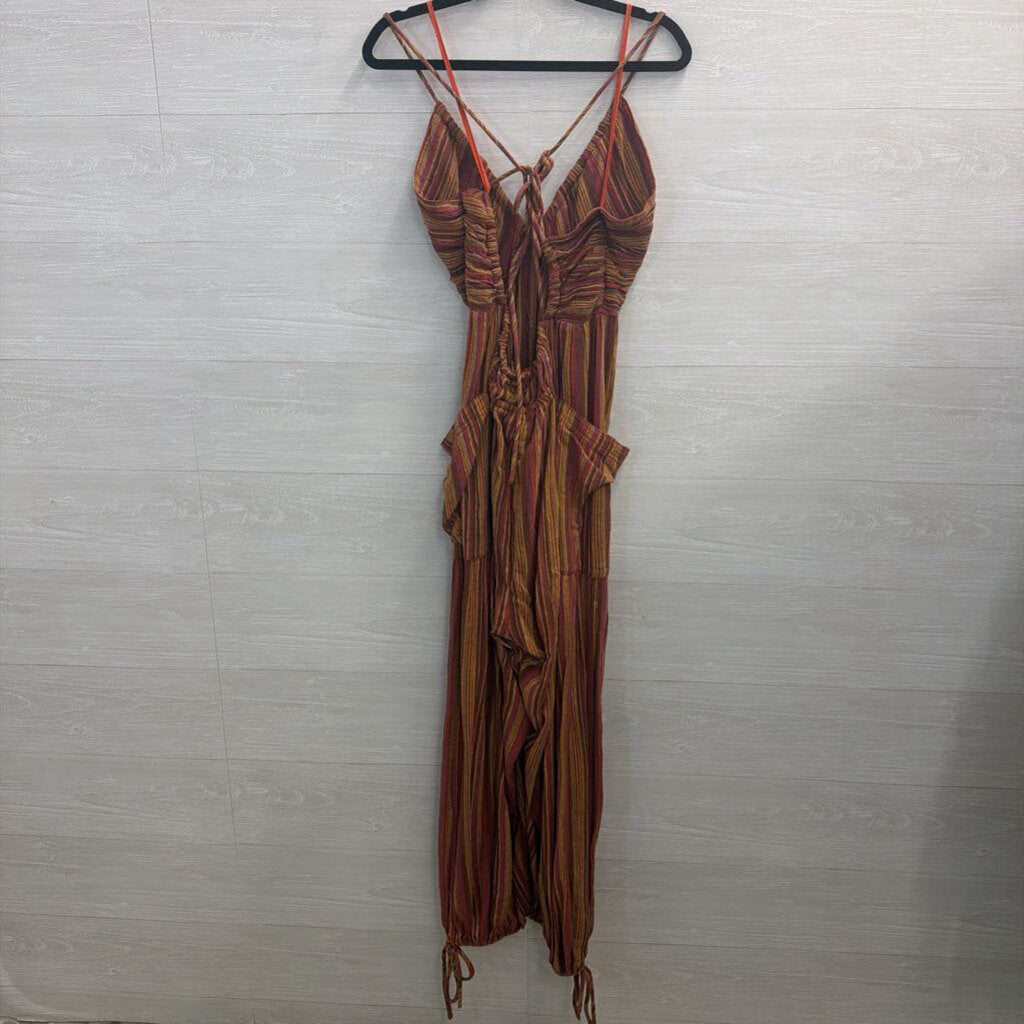 Free People Orange/ Multi Striped Sundaze For Surfin Jumpsuit Large