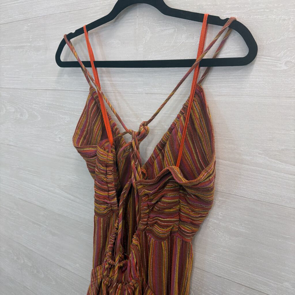 Free People Orange/ Multi Striped Sundaze For Surfin Jumpsuit Large