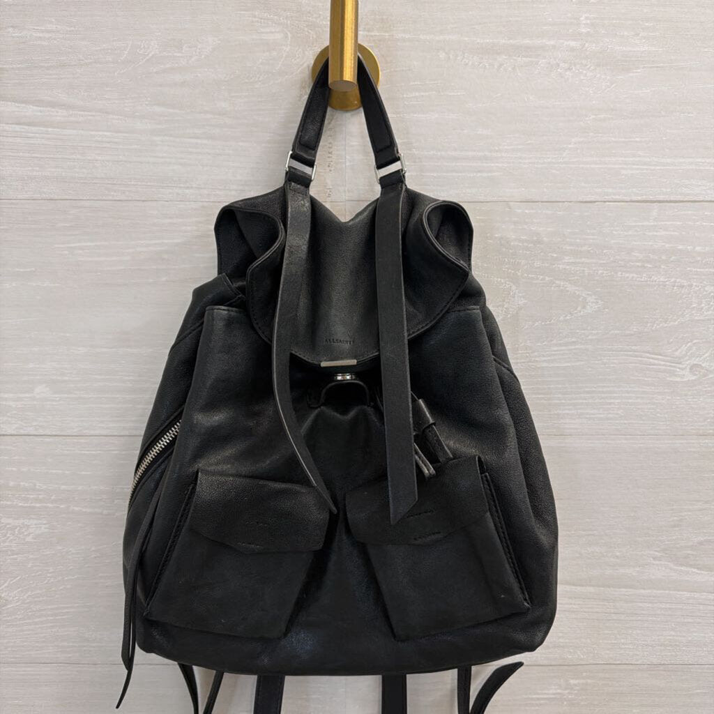 All Saints Black Leather Dual Pocket Backpack