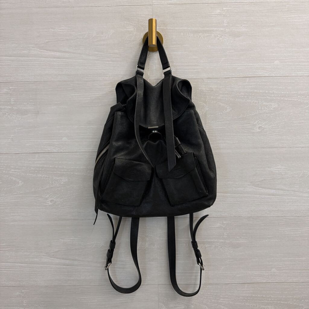 All Saints Black Leather Dual Pocket Backpack
