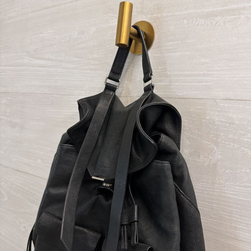 All Saints Black Leather Dual Pocket Backpack