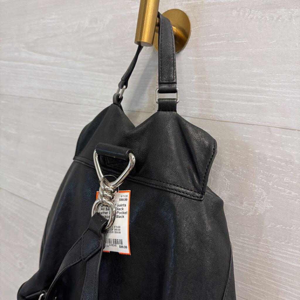 All Saints Black Leather Dual Pocket Backpack
