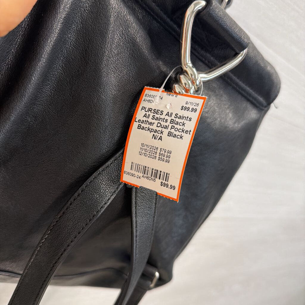 All Saints Black Leather Dual Pocket Backpack