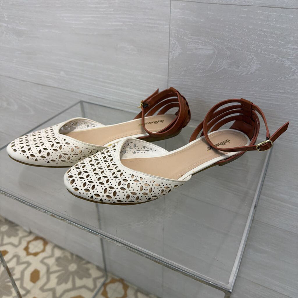 Dollhouse White/ Brown Laser Cut Ankle Strap Shoes 8