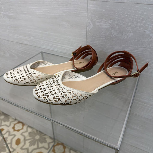 Dollhouse White/ Brown Laser Cut Ankle Strap Shoes 8