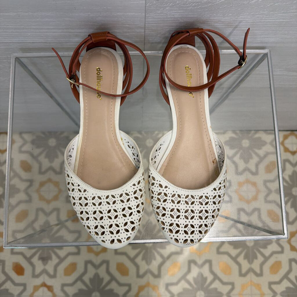 Dollhouse White/ Brown Laser Cut Ankle Strap Shoes 8