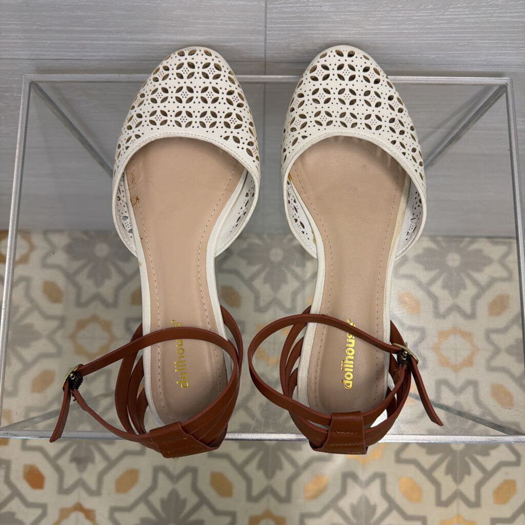 Dollhouse White/ Brown Laser Cut Ankle Strap Shoes 8