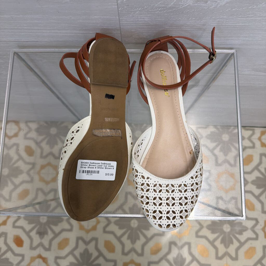 Dollhouse White/ Brown Laser Cut Ankle Strap Shoes 8