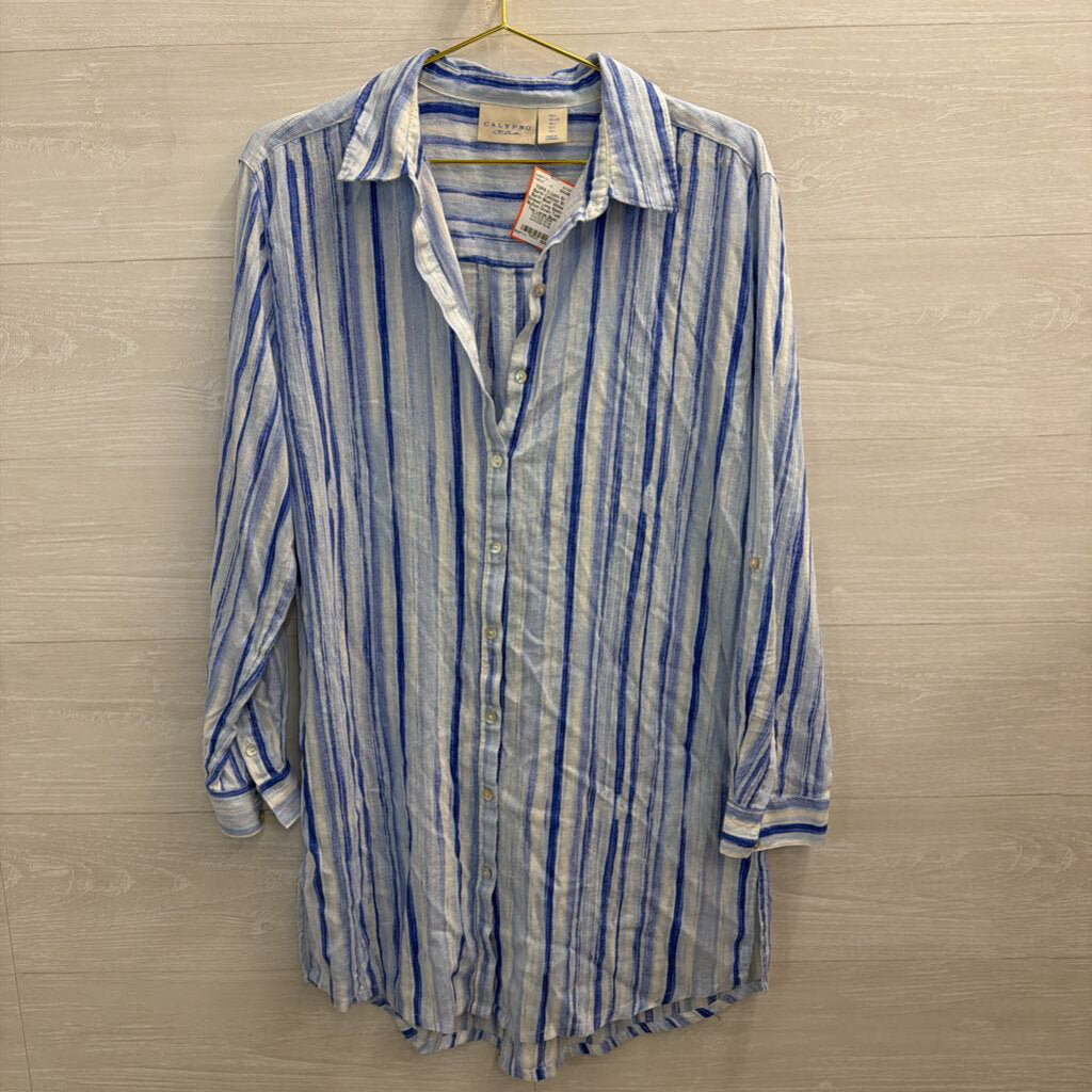 Calypso St Barth Blue/ White Striped Long Sleeve Button Down Tunic Top Large