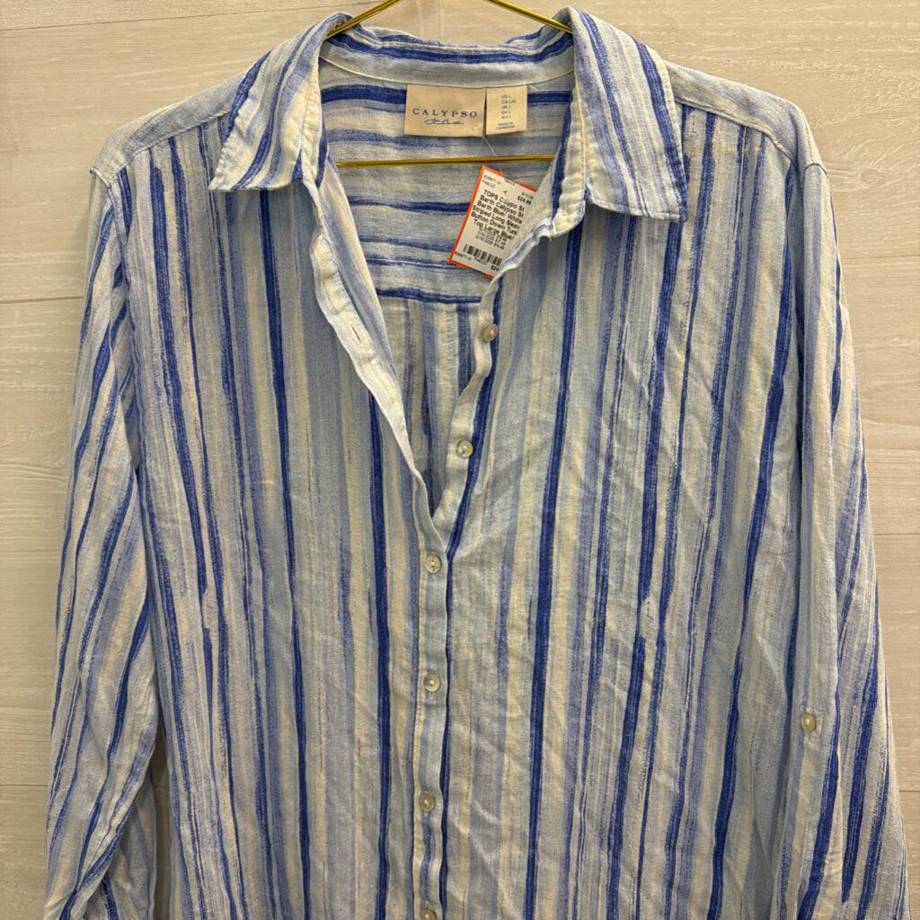 Calypso St Barth Blue/ White Striped Long Sleeve Button Down Tunic Top Large