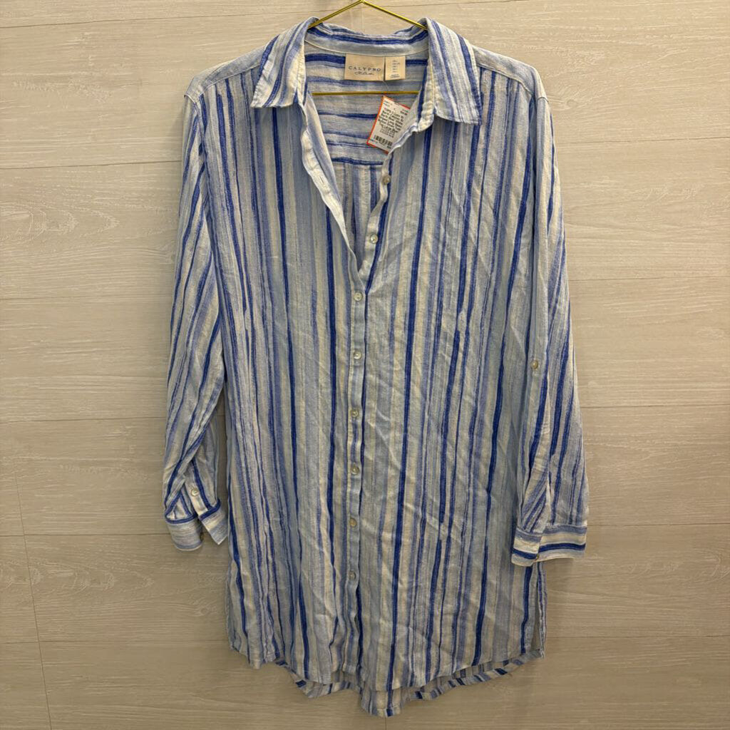 Calypso St Barth Blue/ White Striped Long Sleeve Button Down Tunic Top Large