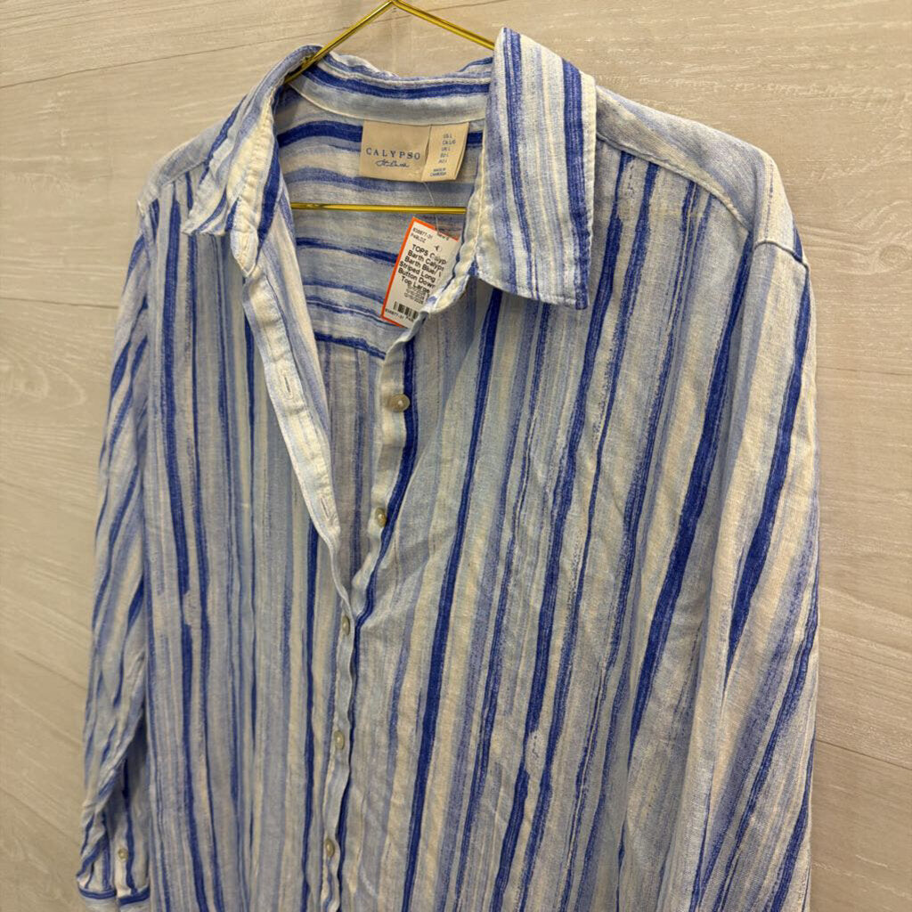 Calypso St Barth Blue/ White Striped Long Sleeve Button Down Tunic Top Large