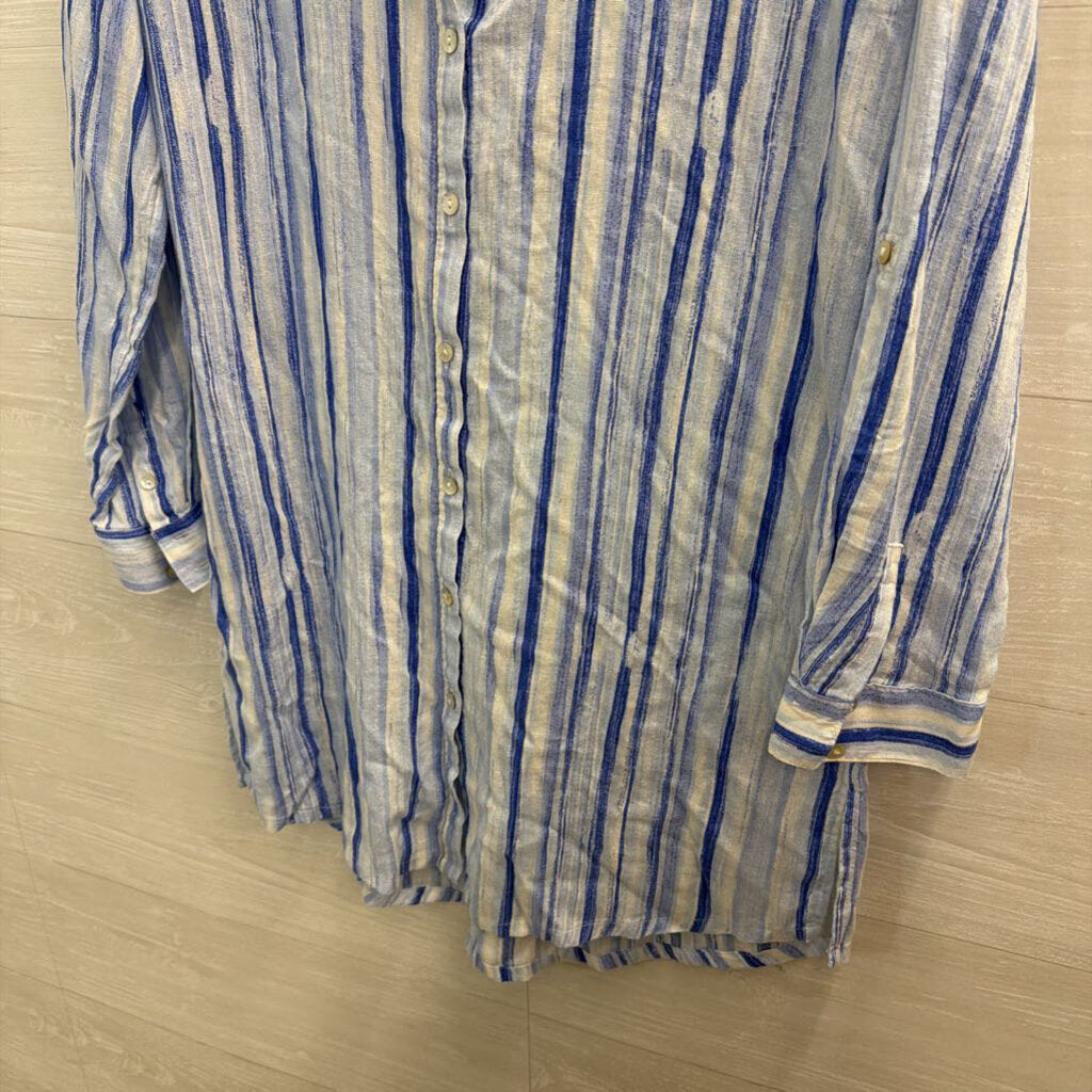 Calypso St Barth Blue/ White Striped Long Sleeve Button Down Tunic Top Large