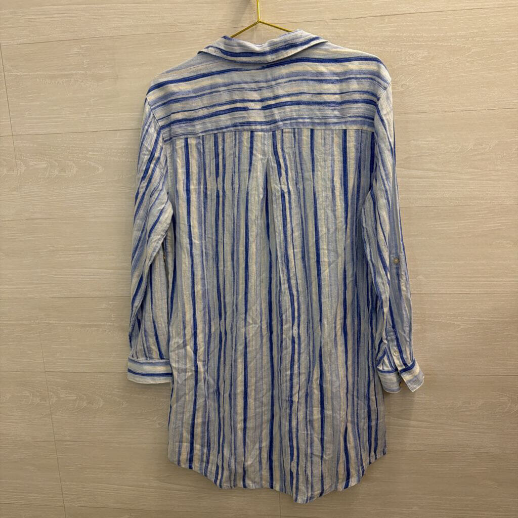 Calypso St Barth Blue/ White Striped Long Sleeve Button Down Tunic Top Large
