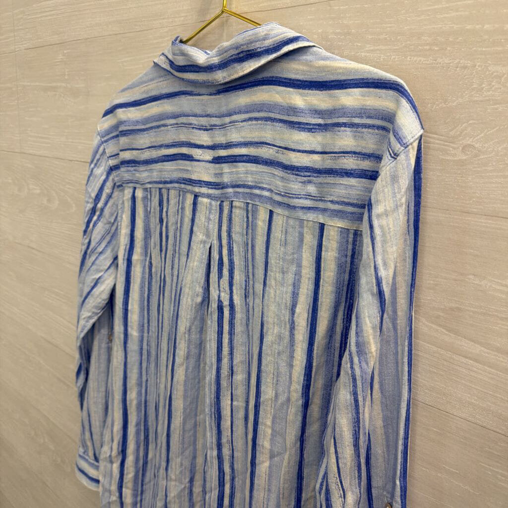 Calypso St Barth Blue/ White Striped Long Sleeve Button Down Tunic Top Large
