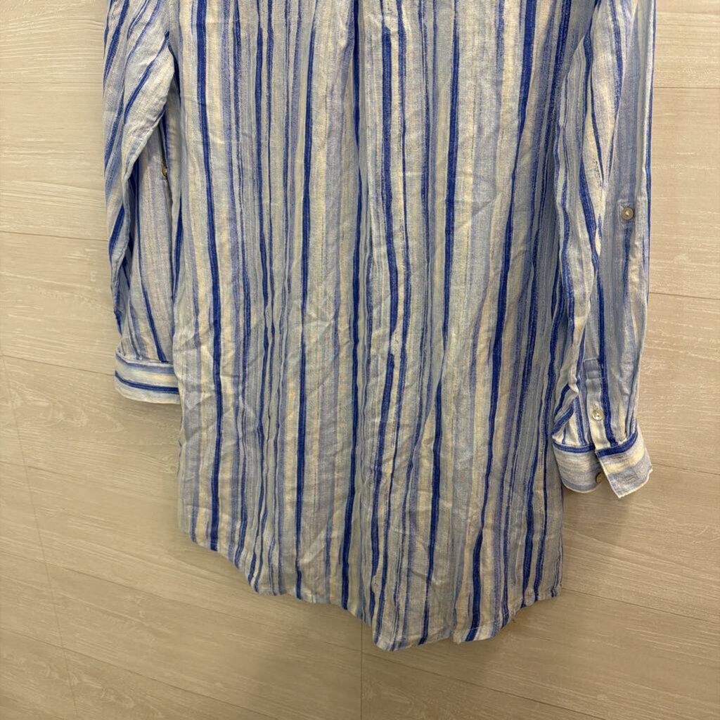 Calypso St Barth Blue/ White Striped Long Sleeve Button Down Tunic Top Large