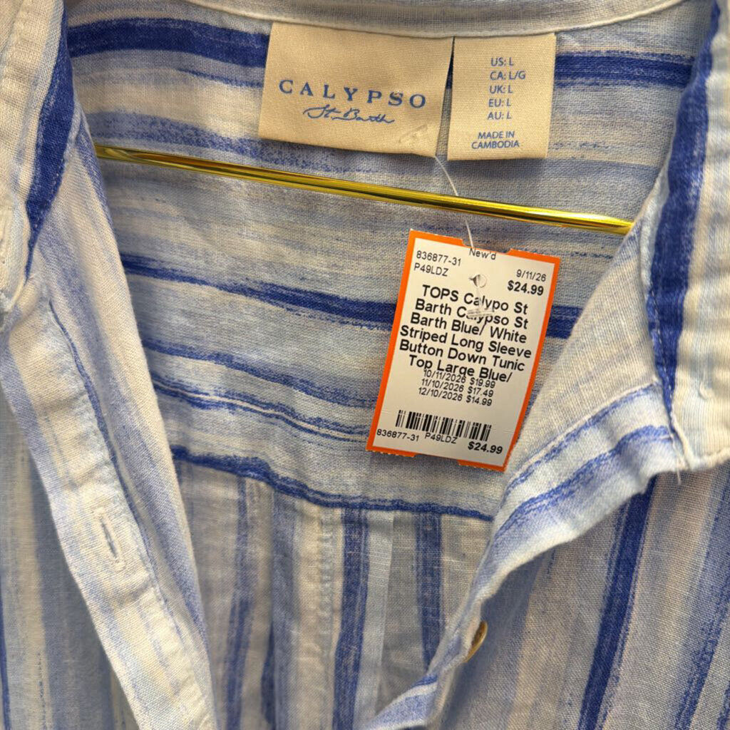 Calypso St Barth Blue/ White Striped Long Sleeve Button Down Tunic Top Large