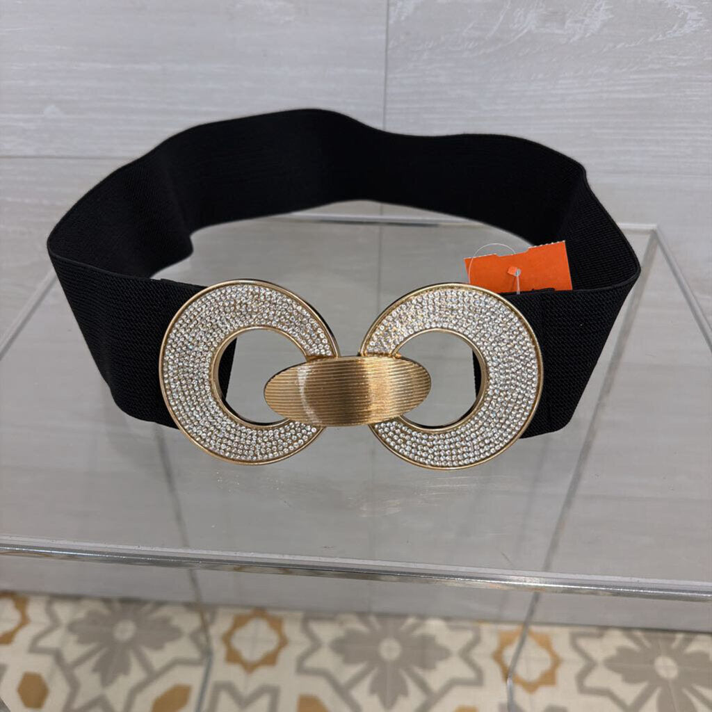 Black/ Gold Embellished Front Buckle Stretchy Belt Medium/ Large